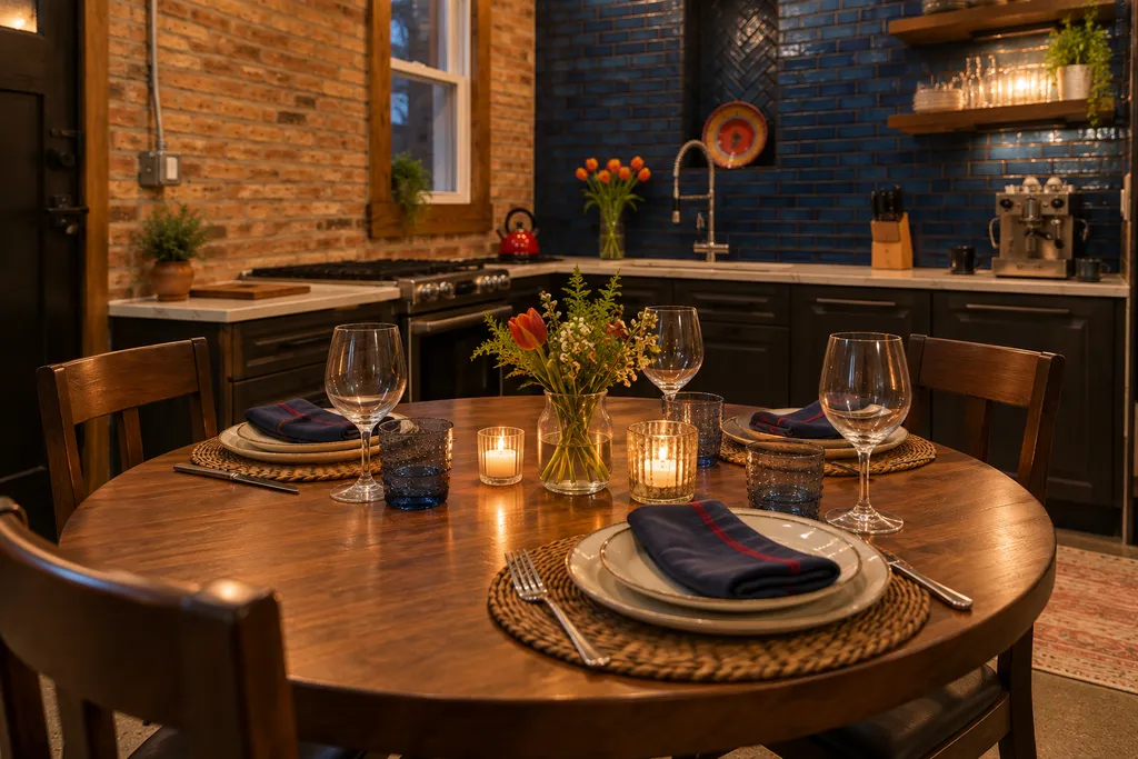 Dining table set for an evening meal