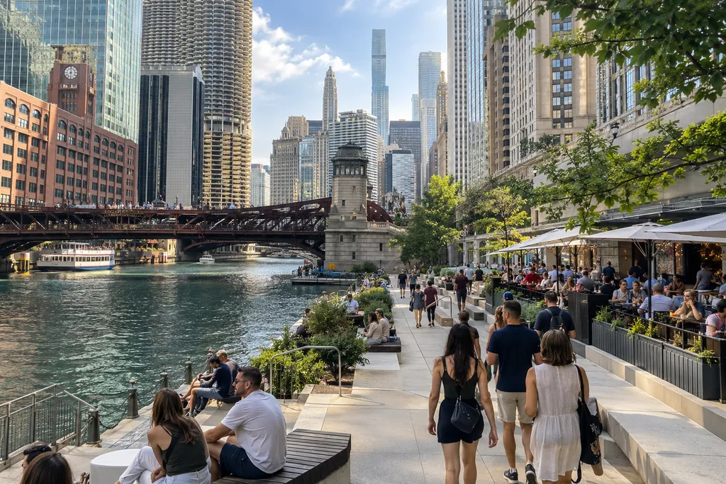 People walking beside the Chicago River