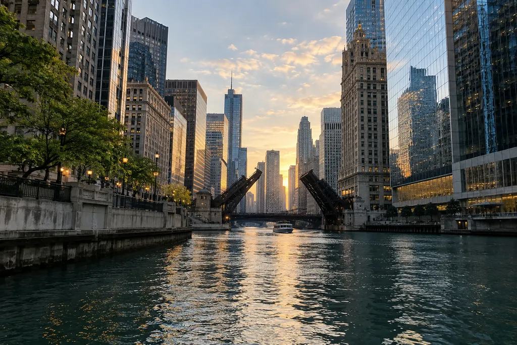 Chicago River and bridges at sunset