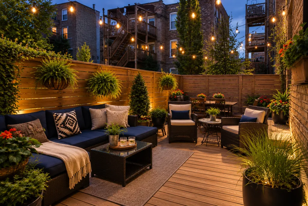 Private terrace beneath string lights